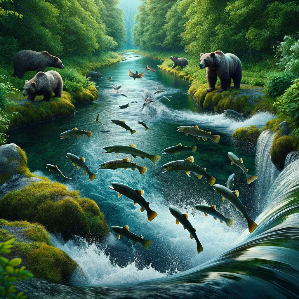 DALL·E 2024-01-01 15.05.48 - A photorealistic image of a winding brook surrounded by lush greenery. The water is crystal clear, and several trout are captured mid-leap, jumping ou.png