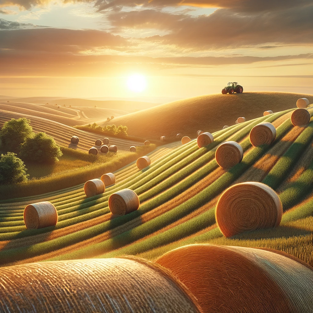 DALL·E 2024-01-01 15.08.07 - A photorealistic image of a scenic countryside landscape featuring a field of round hay bales over rolling hills. The hay bales are arranged in a way .png