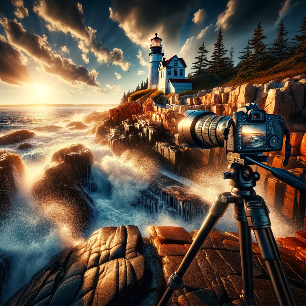 DALL·E 2024-01-01 15.18.57 - A photorealistic image of the Maine coastline with a photographer at work, set against the dramatic backdrop of the Bass Harbor Lighthouse. The photog.png
