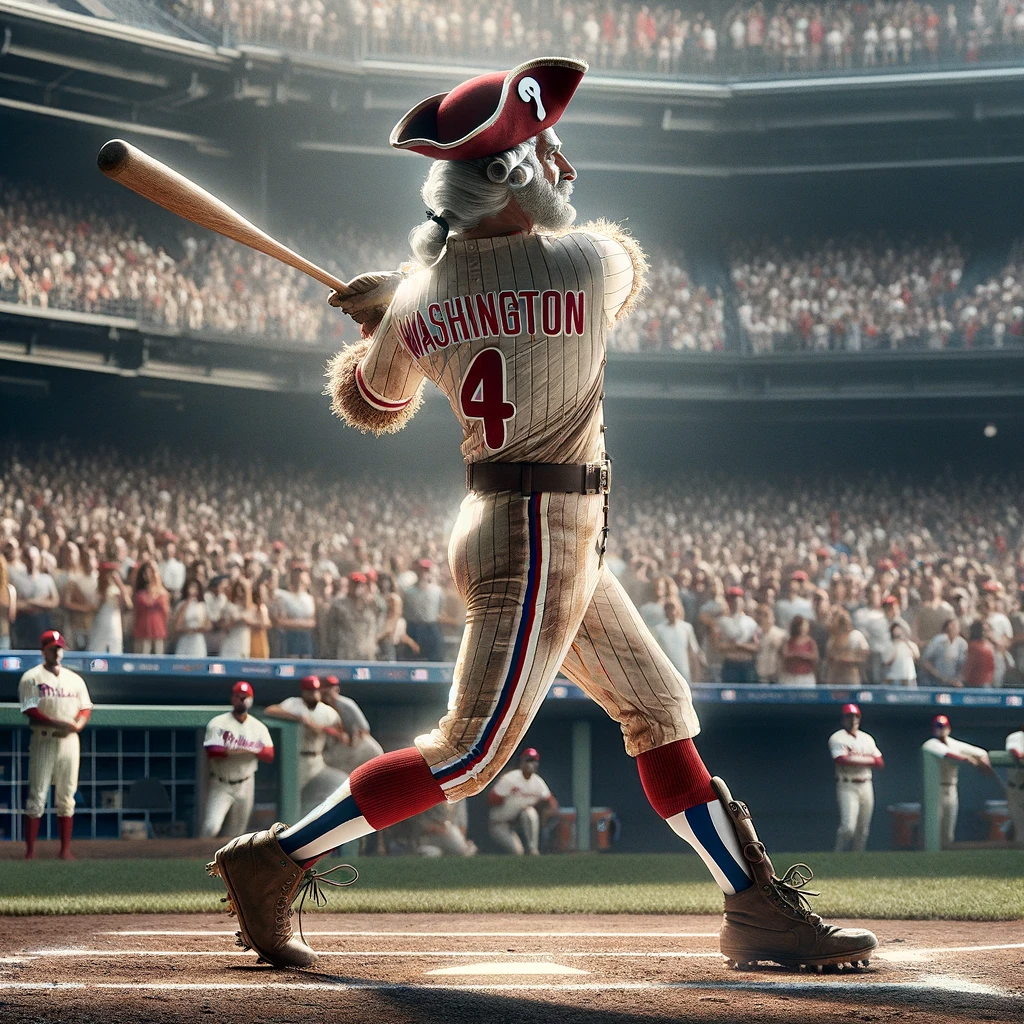 DALL·E 2024-01-01 15.24.41 - A photorealistic image of a scene where a man dressed as George Washington is playing baseball, capturing a whimsical and anachronistic moment. He is .png