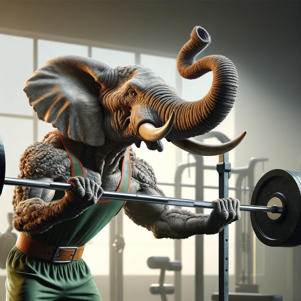 DALL·E 2024-01-01 15.26.58 - A photorealistic image of a human-like elephant performing a feat of strength by lifting a heavy barbell weight. The elephant, anthropomorphized with .png