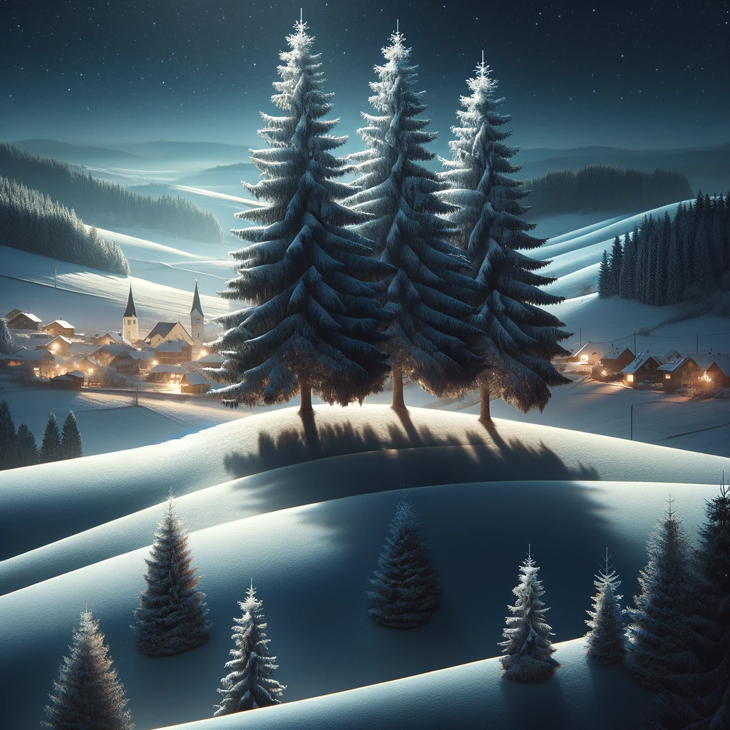 DALL·E 2024-01-01 15.30.41 - A photorealistic image of a tranquil winter night scene, featuring three snow-covered evergreen trees at the top of a hill. The scene is illuminated b.png