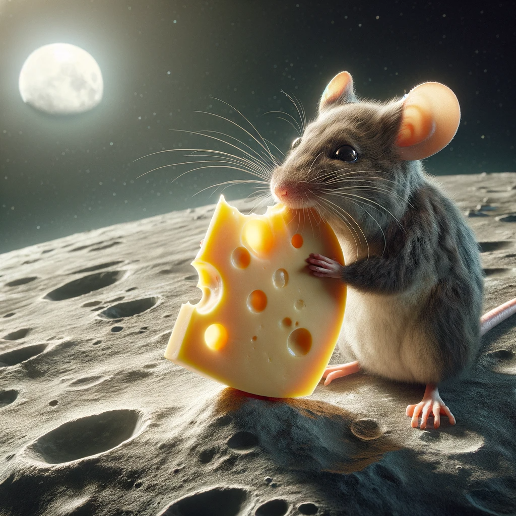 DALL·E 2024-01-04 20.29.59 - A photorealistic image of a mouse eating Swiss cheese on the moon. The scene depicts a whimsical yet realistic portrayal of the mouse, with fine detai.png