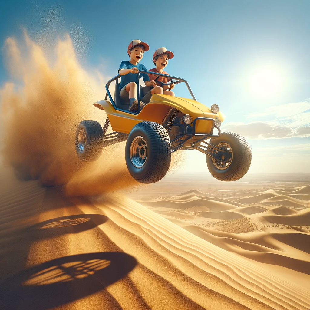 DALL·E 2024-01-04 20.42.01 - A photorealistic image of two boys wearing baseball hats driving a yellow dune buggy in the air through the desert on a hot summer day. The scene show.png