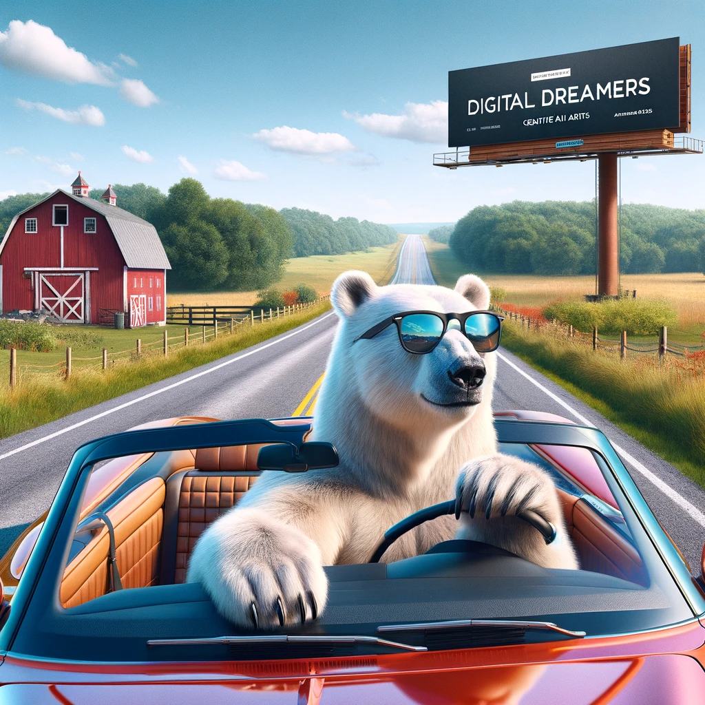 DALL·E 2024-01-04 20.45.22 - A photorealistic image of a humanlike polar bear wearing sunglasses, driving a convertible down a long country road. The polar bear is depicted in a r.png