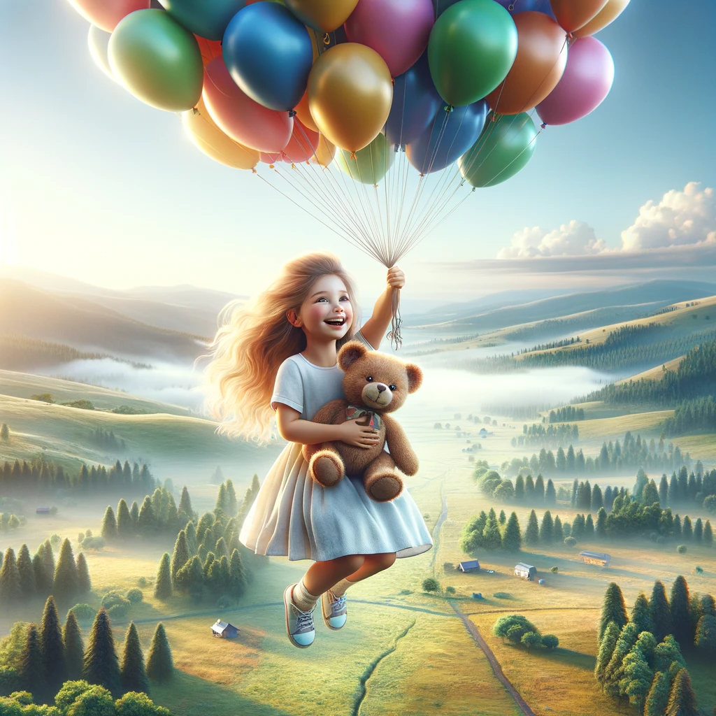 DALL·E 2024-01-04 20.50.23 - A photorealistic image of a happy young girl holding a small teddy bear, being lifted into the air by 10 colorful balloons. The girl is depicted with .png
