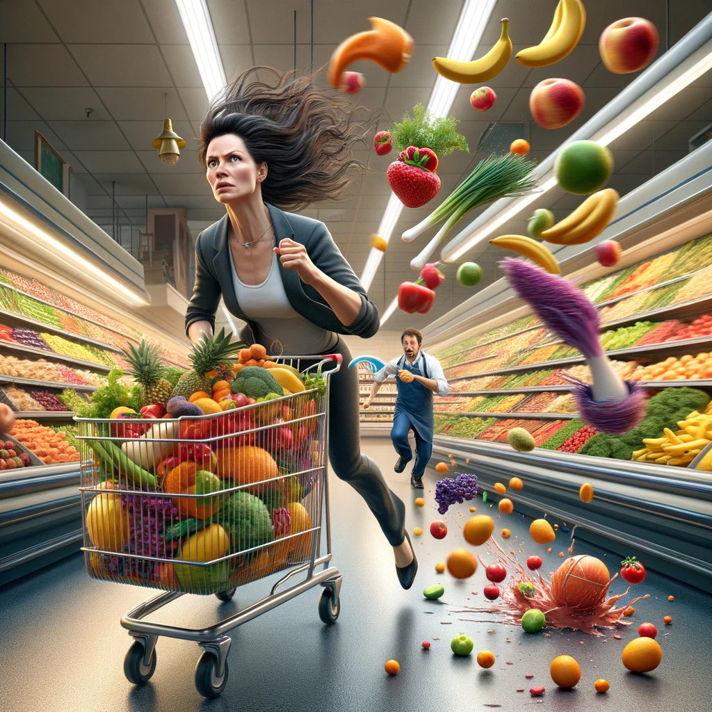 DALL·E 2024-01-04 20.55.18 - A photorealistic image of a mother racing through the produce aisle in a food store, pushing a shopping cart with fruits and vegetables flying out. Th.png