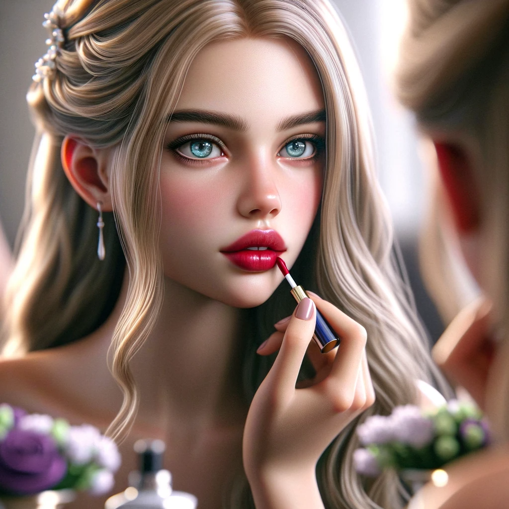 DALL·E 2024-01-04 21.01.01 - A photorealistic image of a beautiful teenage girl with long blonde hair, putting on red lipstick in front of a mirror. The girl has striking blue eye.png