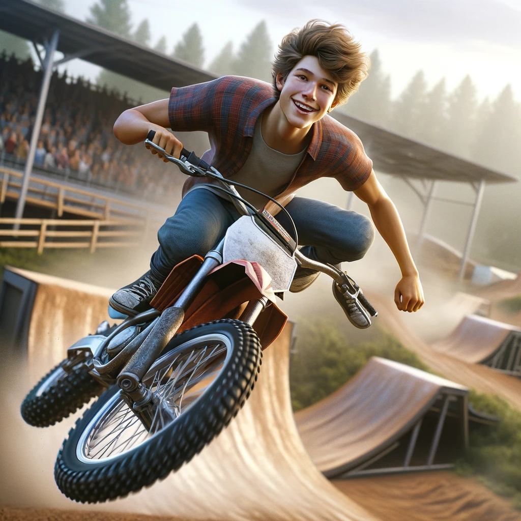DALL·E 2024-01-04 21.03.00 - A photorealistic image of a smiling teenage boy riding a dirt bike, performing a backflip over a ramp. The boy is captured mid-air, with the bike in t.png