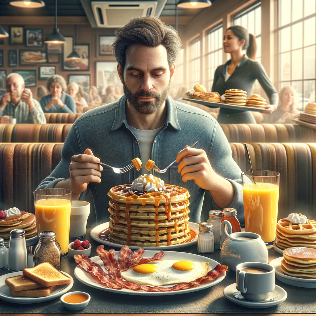 DALL·E 2024-01-04 21.05.30 - A photorealistic image of a man in a restaurant eating a large breakfast. The table is filled with an array of breakfast items, including waffles, pan.png
