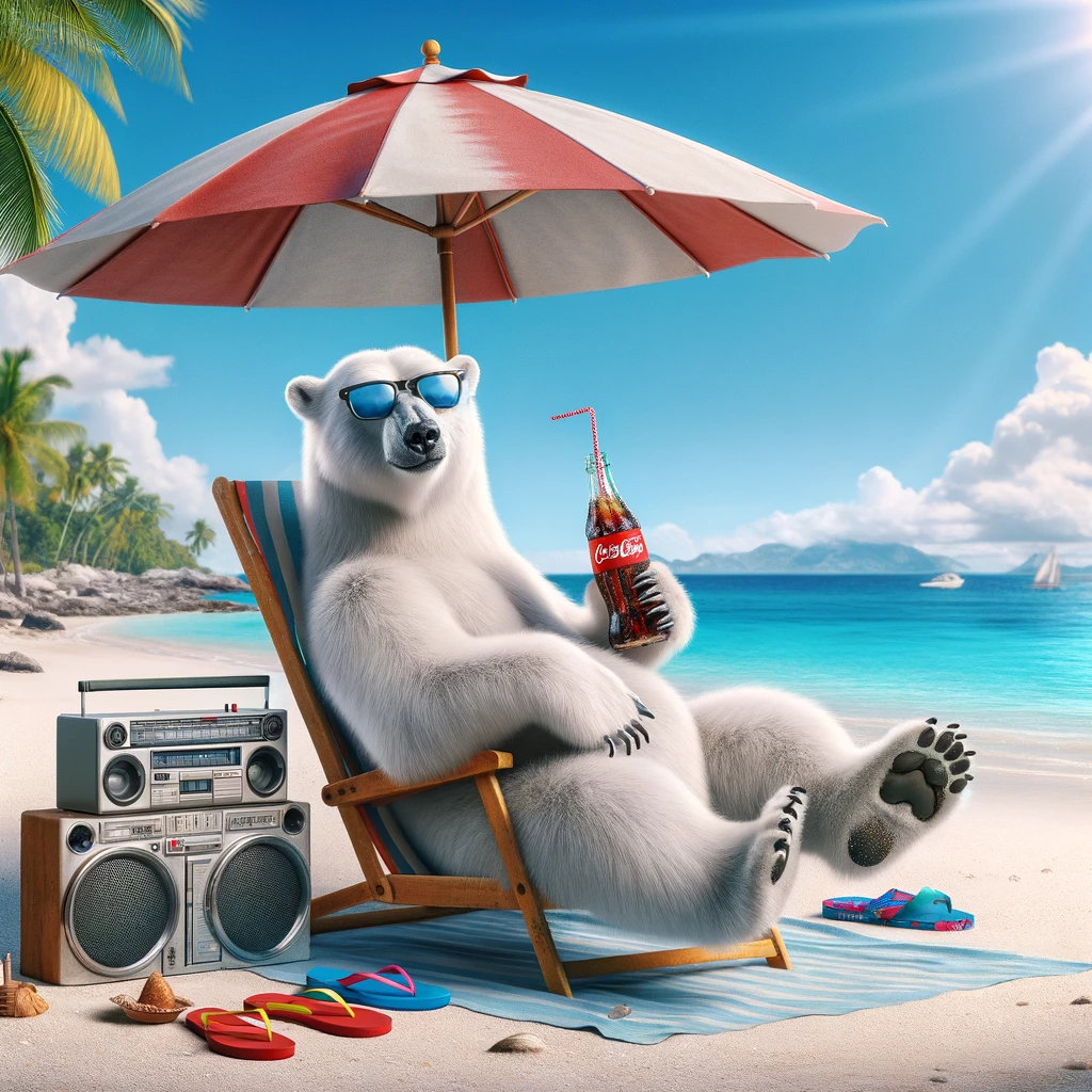 DALL·E 2024-01-04 21.08.44 - A photorealistic image of a white polar bear sunbathing on a tropical beach, lounging underneath an umbrella. The bear is holding a Coke bottle and we.png