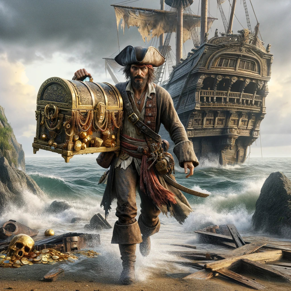 DALL·E 2024-01-04 21.10.53 - A photorealistic image of a pirate carrying a chest full of treasure, walking off a shipwrecked pirate ship. The pirate is rugged and weathered, dress.png