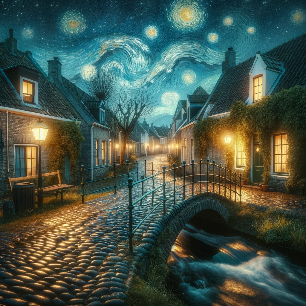 DALL·E 2024-01-04 21.14.25 - A photorealistic image in the style of Vincent van Gogh, depicting a cobblestone sidewalk in a small village at night. The scene includes a small brid.png