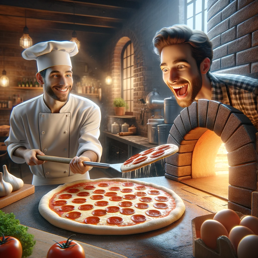 DALL·E 2024-01-01 14.42.21 - A photorealistic image of a chef preparing a pepperoni pizza in a cozy, rustic kitchen with a brick oven. The chef, focused and skilled, is sliding th - Copy.png