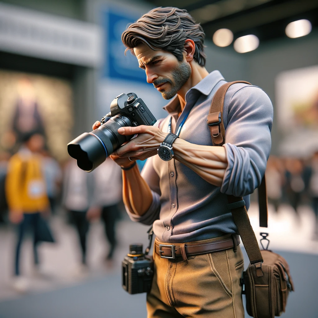 DALL·E 2024-01-01 14.54.14 - A photorealistic image of a male photographer, depicted as a fictional character inspired by Warren Hatch. He is standing with a professional camera i.png