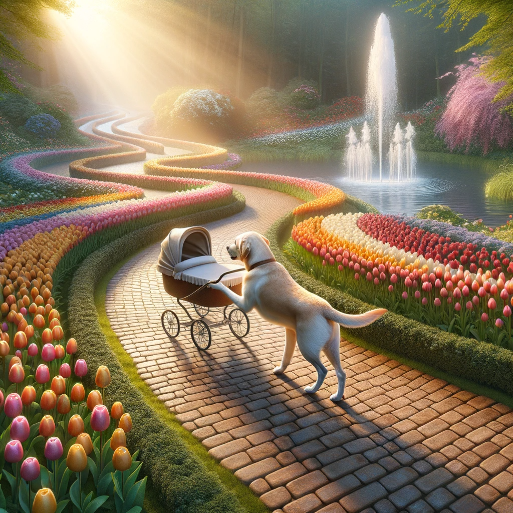DALL·E 2024-01-01 14.58.00 - A photorealistic image of a winding brick path with multi-colored tulips blooming along the edges, leading to a water fountain under dramatic morning .png