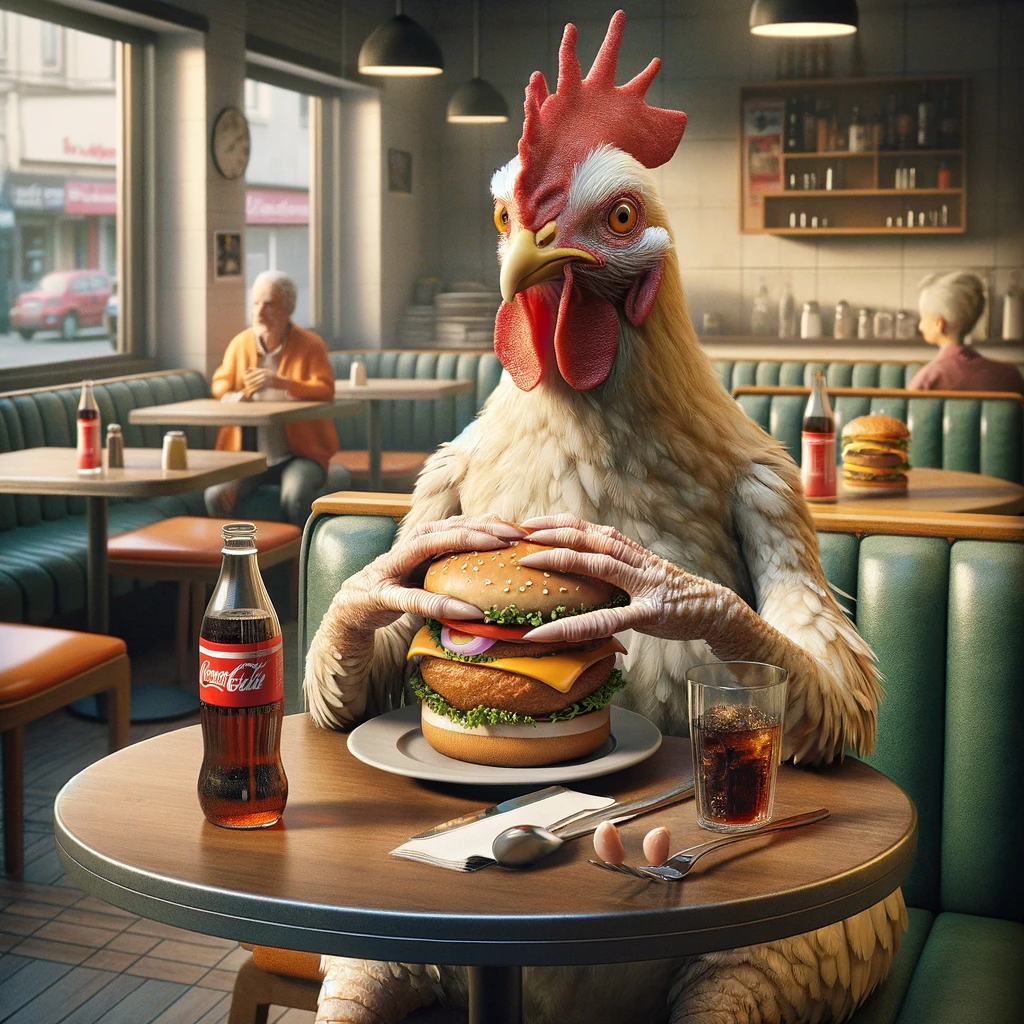DALL·E 2024-01-01 15.32.27 - A photorealistic image of a whimsical and surreal scene_ a human-like chicken sitting in a restaurant, eating a hamburger. The chicken, anthropomorphi.png