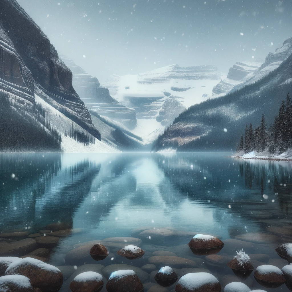 DALL·E 2024-01-01 15.33.58 - A photorealistic image of Lake Louise in the Canadian Rockies during a light snowfall. The scene captures the serene beauty of the lake, surrounded by.png