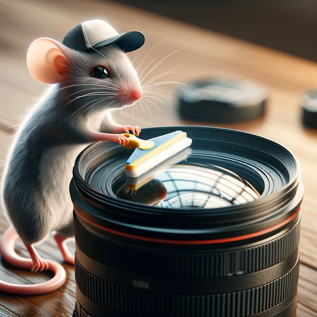 DALL·E 2024-01-01 15.36.21 - A photorealistic image of a whimsical and imaginative scene_ a human-like mouse, wearing a baseball hat, cleaning the glass lens of a DSLR camera with.png