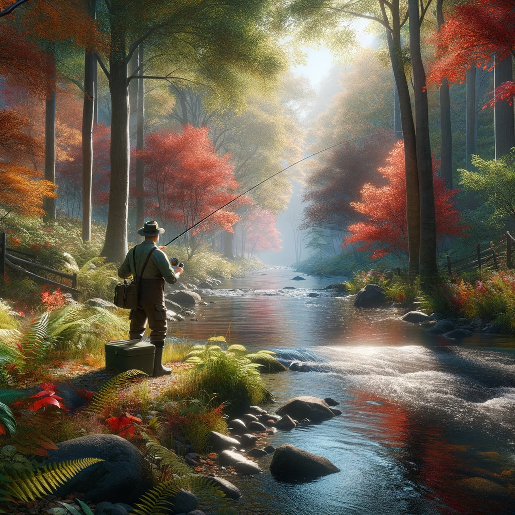DALL·E 2024-01-01 15.38.15 - A photorealistic image of a fisherman casting a fishing line in a small, wooded stream during autumn. The stream is surrounded by trees with leaves in.png