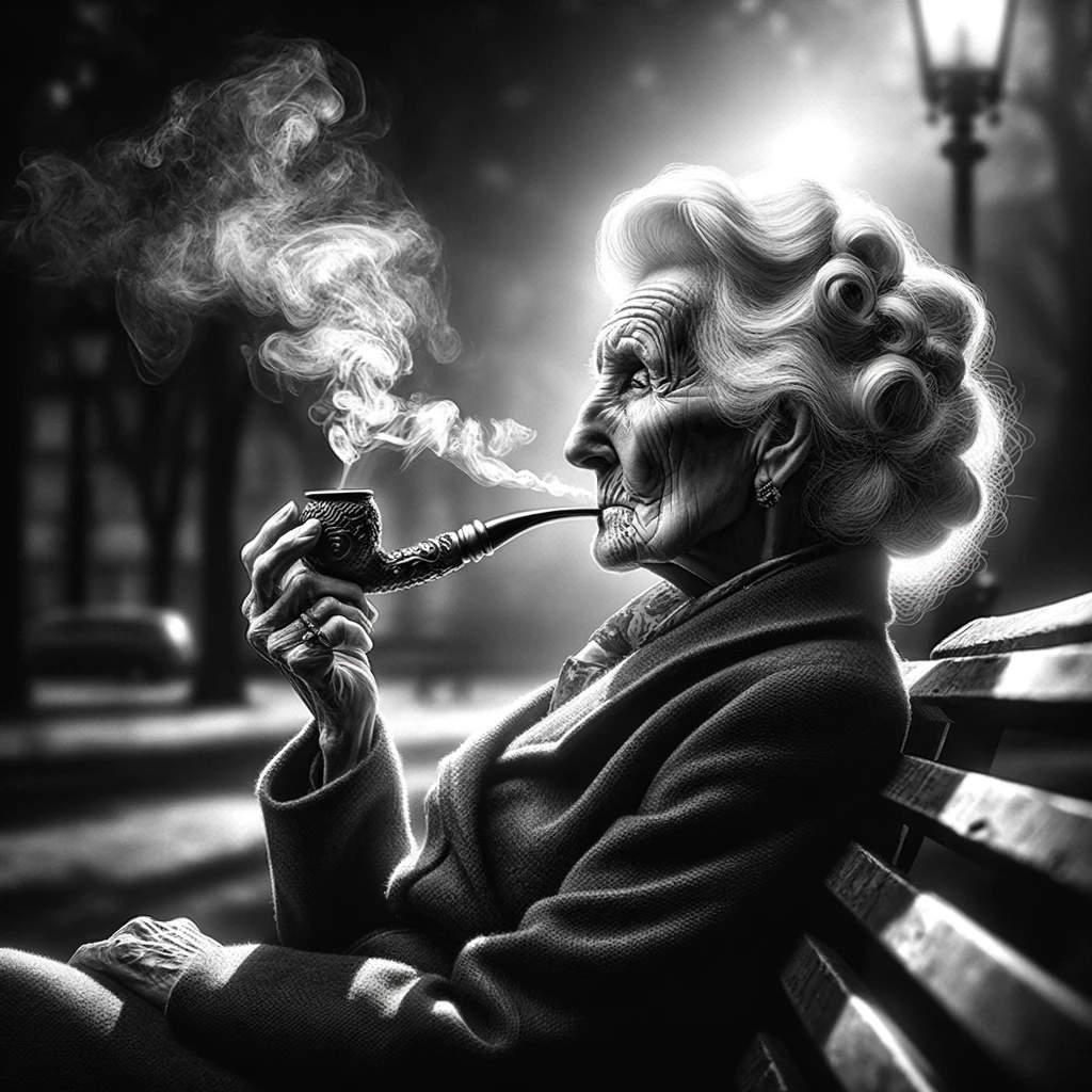 DALL·E 2024-01-01 15.47.51 - A photorealistic black and white image of an old lady sitting on a park bench, smoking a whimsical pipe. The lighting is dramatic, casting stark shado.png