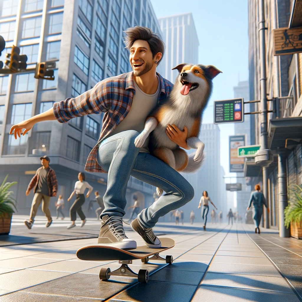 DALL·E 2024-01-04 20.25.52 - A photorealistic image of a young skateboarder on a city sidewalk, having a great time as he skateboards with his dog. The skateboarder is skillfully .png