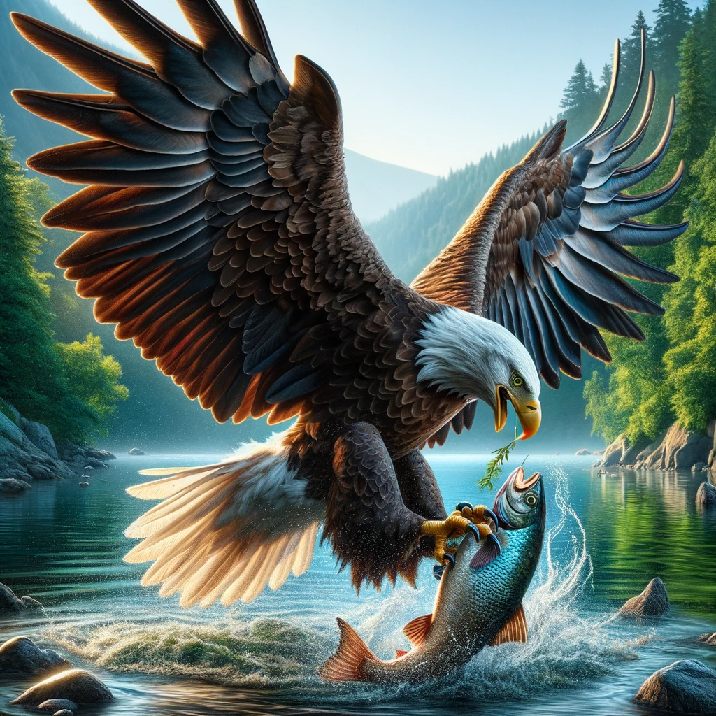 DALL·E 2024-01-04 20.35.57 - A photorealistic image of an American bald eagle in the moment of catching a fish. The scene vividly captures the eagle, with its powerful wings sprea.png