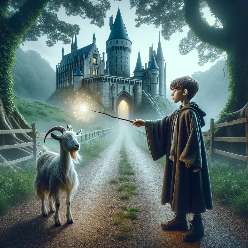 DALL·E 2024-01-04 20.58.24 - A photorealistic image of a young wizard, resembling a generic fantasy character, casting a spell on a goat along a path to a castle. The wizard is dr.png