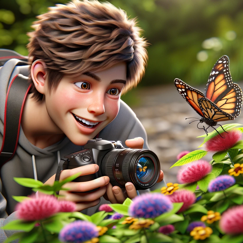 DALL·E 2024-01-04 21.21.26 - A photorealistic image of a teenager with a DSLR camera taking a macro picture of a beautiful butterfly perched on pretty flowers. The teenager is dep.png