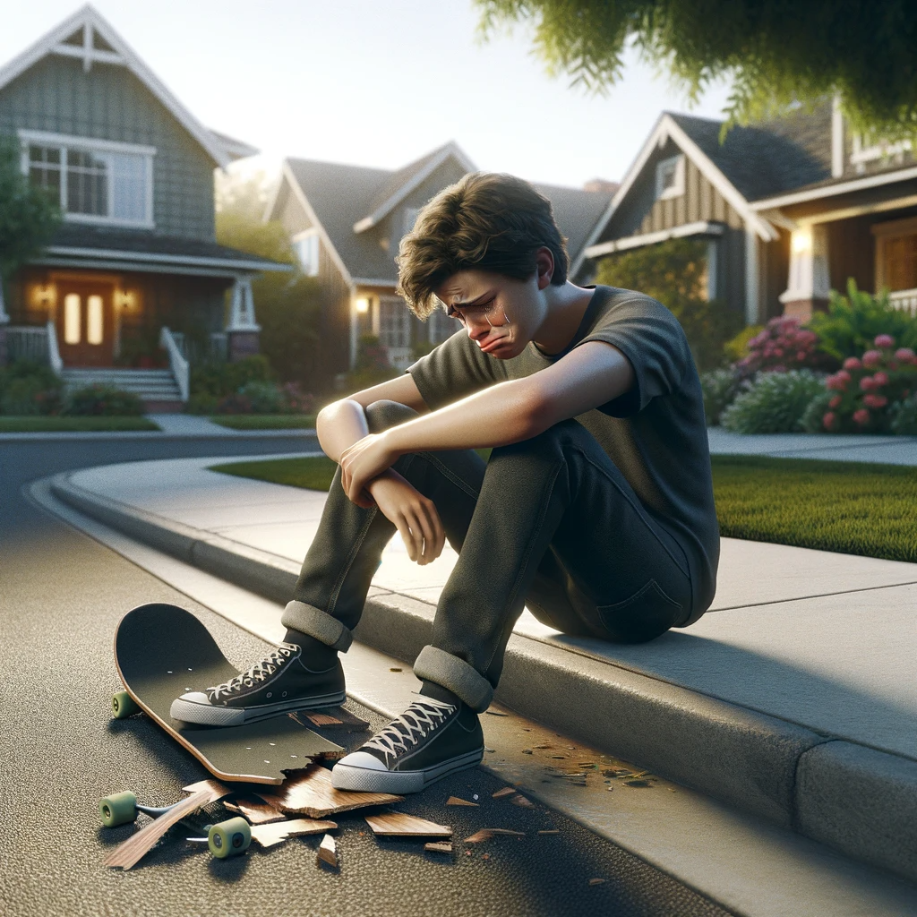 DALL·E 2024-01-04 21.23.34 - A photorealistic image of a teenager sitting on the curb, crying because he broke his skateboard. The teenager is shown with a look of sadness and dis.png
