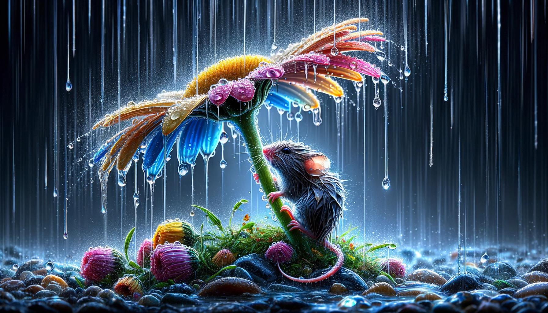 DALL·E 2024-01-12 11.58.40 - Create a high-definition, crystal style art image of a raining scene with a focus on a small mouse taking shelter under a colorful daisy flower. T.png