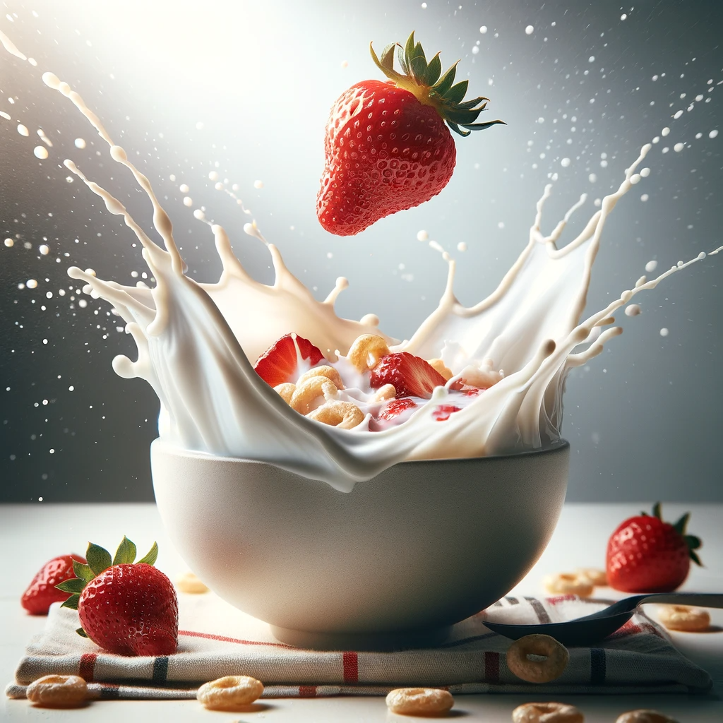 DALL·E 2024-01-20 19.12.36 - A dynamic image capturing the moment strawberries are splashing into a bowl of cereal with milk. The strawberries are mid-air, creating a splash as th.png