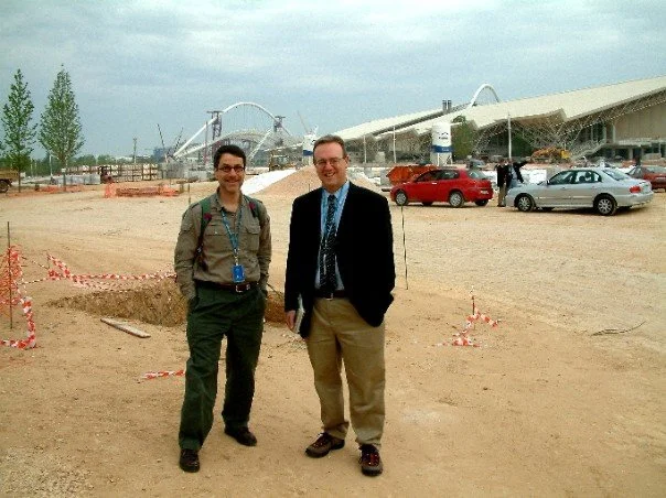 My New York Times colleague Jere Longman and I near the 2004 Olympic Stadium in Athens as it was under construction.