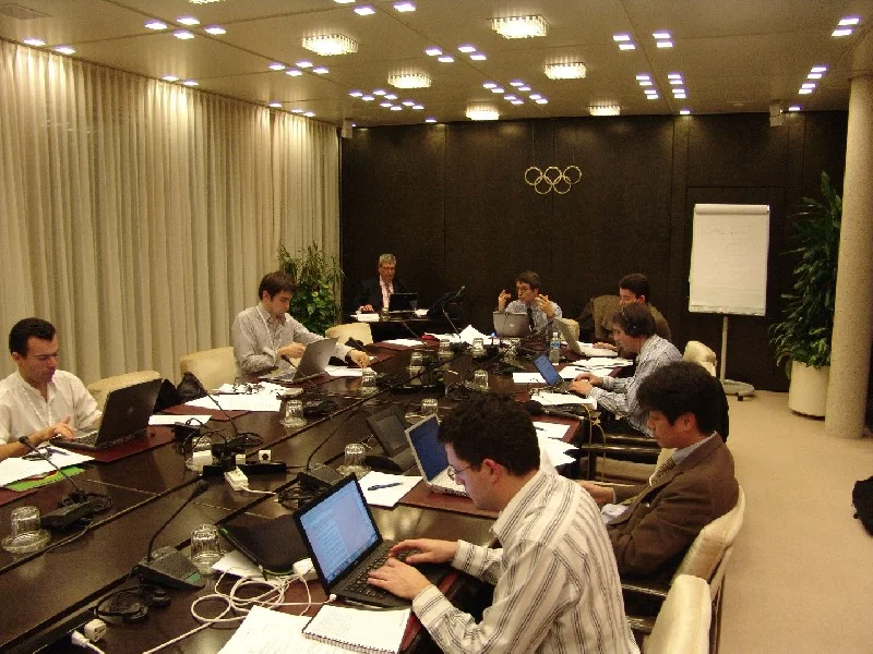 The IOC board room became a temporary press room during a 2008 Executive Board meeting. I got the President's spot.