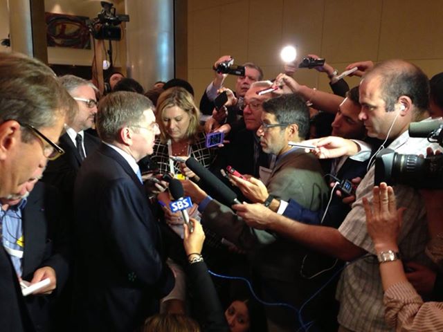 In the scrum interviewing Thomas Bach after he was elected IOC President in 2013.