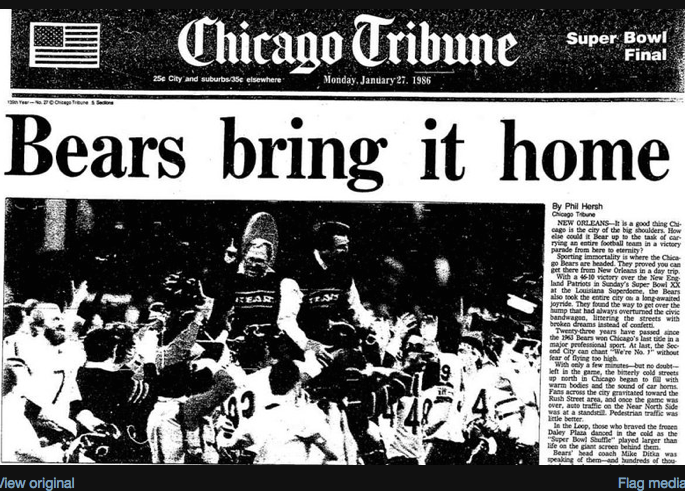 I had the front-page story on the Bears' Super Bowl win.