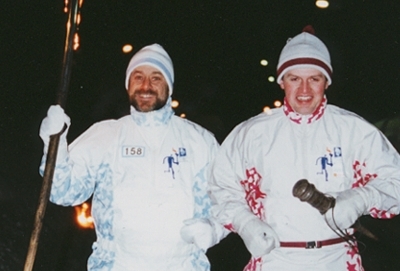 Running a leg of the Olympic torch relay at the 1994 Winter Games in Norway.