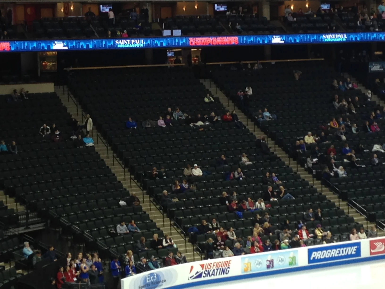 The sparse crowd for Friday night's men's short program at the XCel Energy Center. Sections shown are just left of center ice. (Philip Hersh photo)