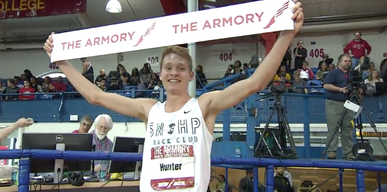 Drew Hunter after his sub-4 mile Feb. 6 (Image from USATF TV)