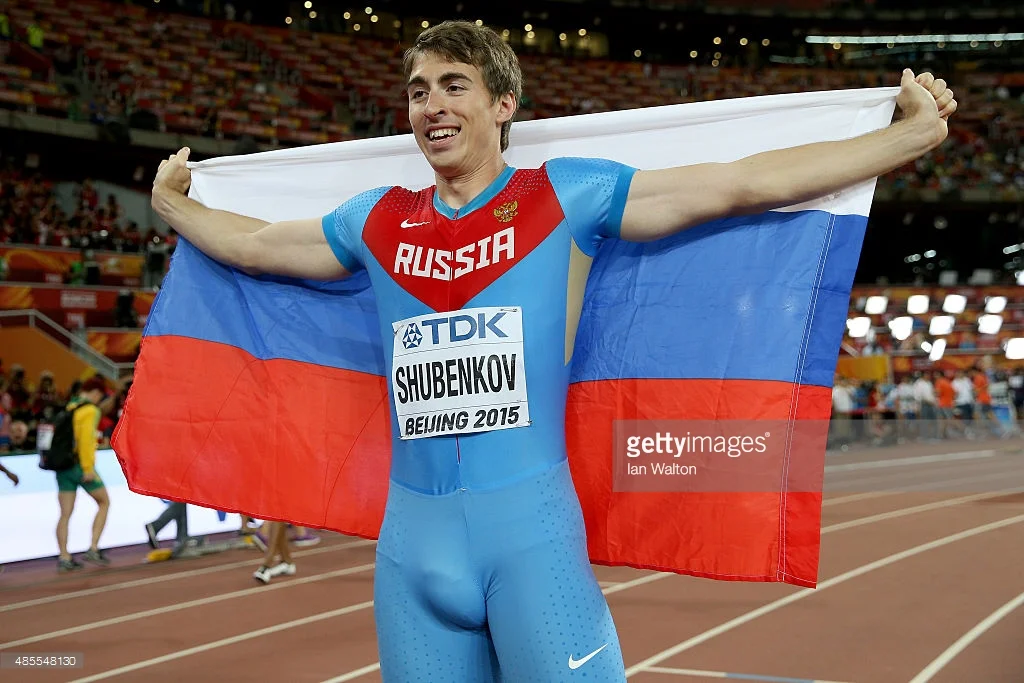Sergei Shubenkov after winning the 2015 world title in the high hurdles. Shubenkov, like all Russian athletes, may have to file a reinstatement appeal to compete in the 2016 Olympics as a "neutral." (Ian Walton / Getty Images)