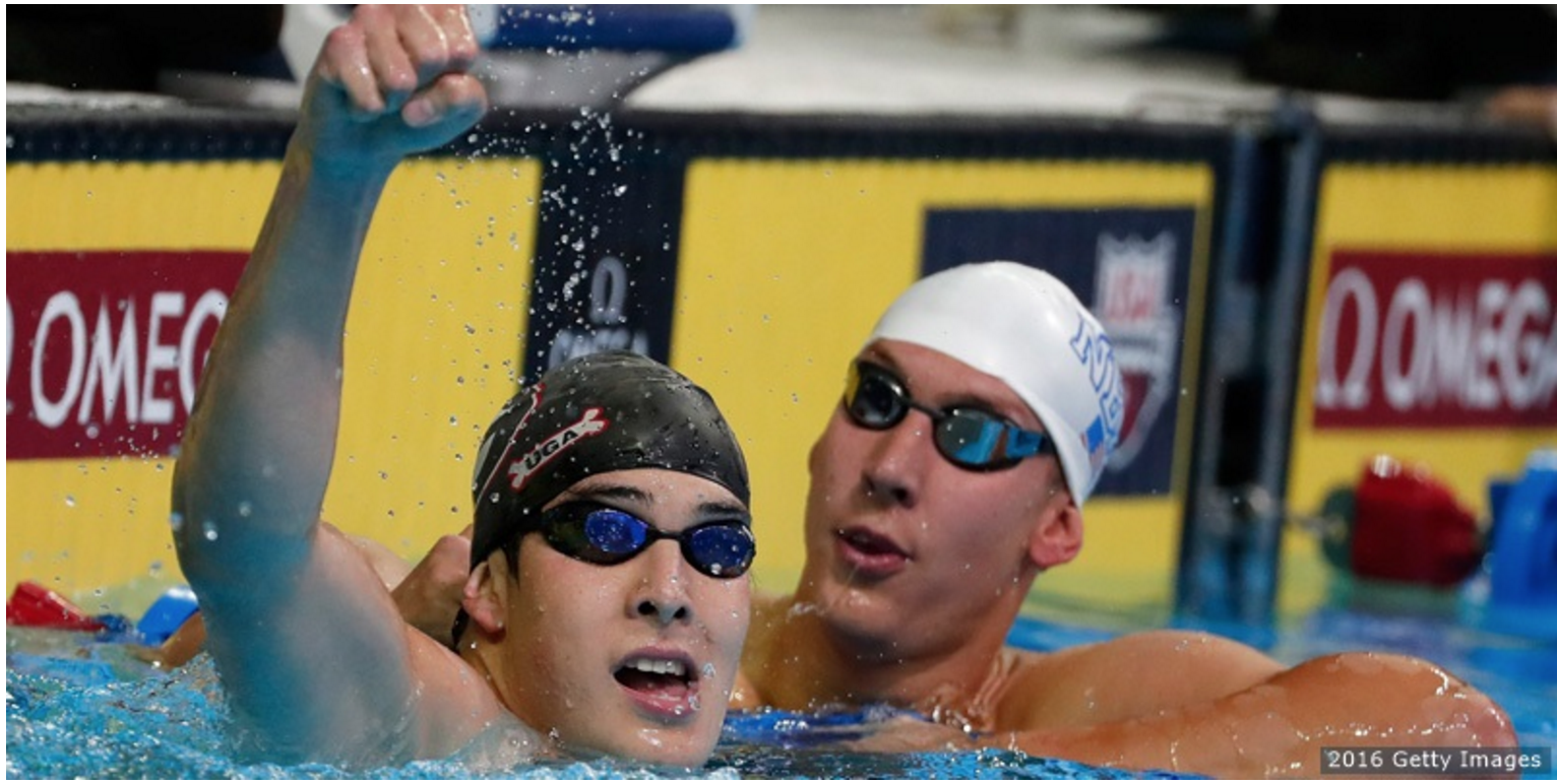 Jay Litherland (left) and Chase Kalisz celebrate after taking the top two spots, with Kalisz first, in the 400-meter individual medley at the U.S. Olympic Swim Trials. (Getty Images)