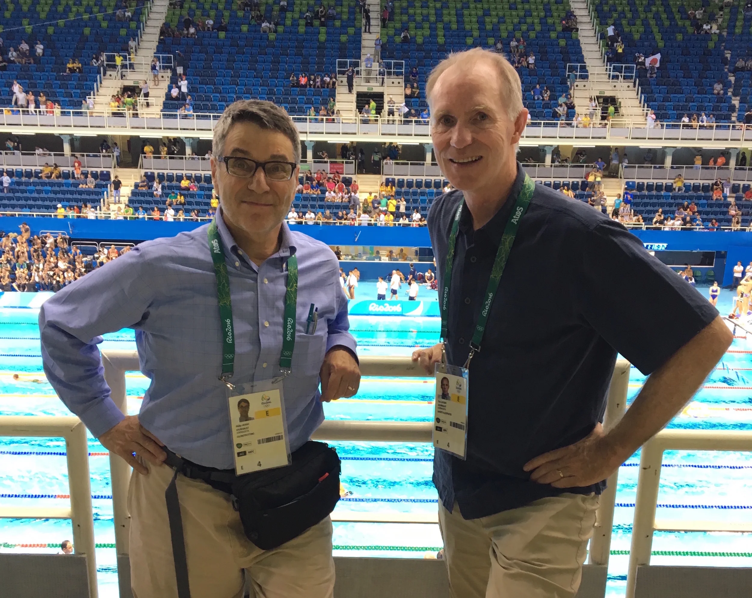 With my friend and long-time colleague Tim Layden of Sports Illustrated at the Rio Aquatics Center. The 2016 Olympics began and ended for me at that venue.