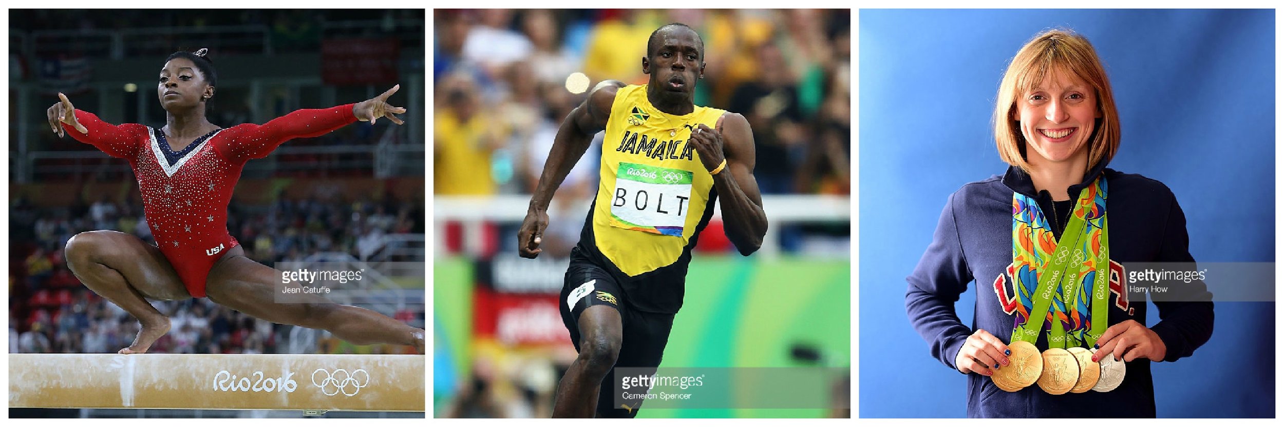 Simone Biles, Usain Bolt and Katie Ledecky are athletes of the year in Globetrotting's 30th annual awards. (Getty photos)