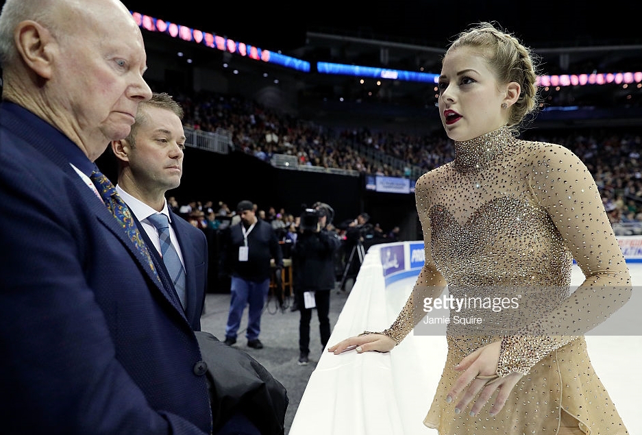 Coach Frank Carroll (left, foreground) and Gracie Gold perplexed again by her subpar performance in Saturday's free skate at U.S. Championships (Getty Images)
