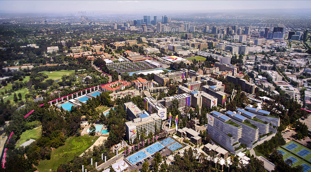 A rendering, in an aerial view, of what the UCLA campus (foreground) would look like during a 2024 L.A. Olympics. (L.A. 2024 bid committee.)