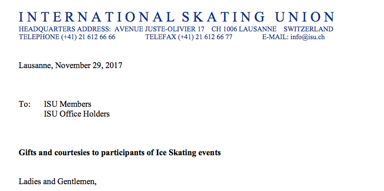 Top of the ISU letter announcing it had warned Skate Canada for crossing an ethical line.