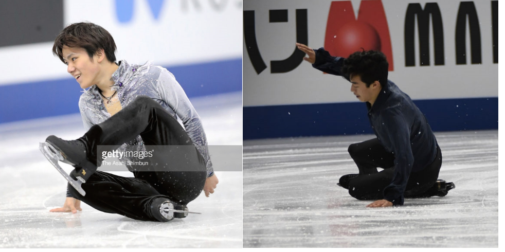 Shoma Uno (left) and Nathan Chen on the ice after falls in the Grand Prix Final. (Getty Images)