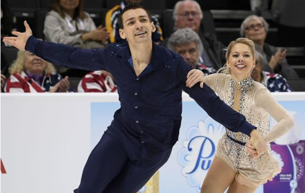 Alexa Scimeca Knierim and husband Chris Knierim had reason to smile after their short program. (Jay Adeff / U.S. Figure Skating)