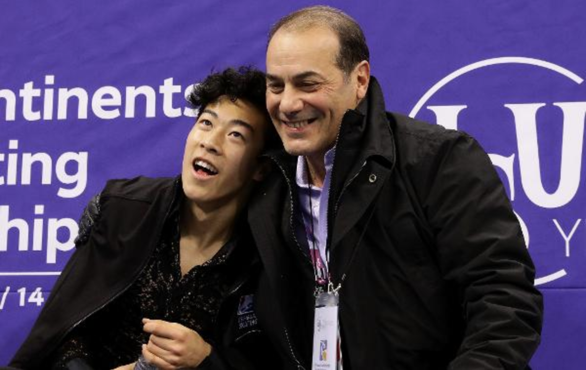 Nathan Chen and Rafael Arutunian after Chen won the 2017 Four Continents Championship on the 2018 Olympic rink in Gangneung, South Korea.