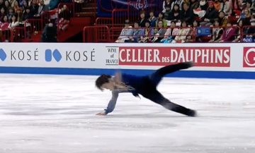 Shoma Uno fell three times on quads at worlds. (Video capture.) 